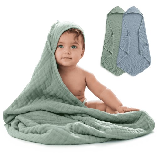 Comfy Cubs Hooded Baby Towels 2-Pack, Large 32" x 32" - 6 Layer, 100% Muslin Cotton, Pacific Blue and Fern