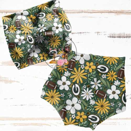 Floral Greenbay Packers baby bummies, Headwrap or pants