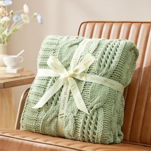 Amelie Home Cable Knitted Throw Blanket for Couch, Chenille Chunky Knit Throw Blanket, Throw(Sage Green,60"*80")