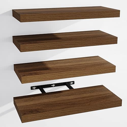 Floating Shelves for Wall, Wall Mounted Shelves with Invisible Brackets, 4 Small Wood Floating Wall Shelf Shelves for Living Room, Bedroom, Kitchen, Bathroom (Walnut, 15" W x 6" D x 1" H)