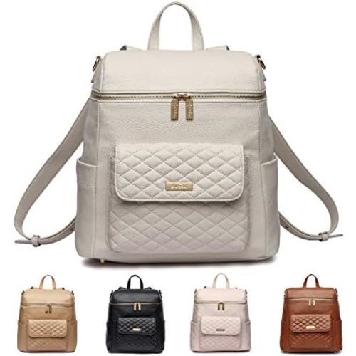 Monaco Large Diaper Bag Backpack by Luli Bebe - Designer Modern Vegan Leather Stylish Baby Backpack Diaper Bag for Mom, Multipurpose, Roomy, with Changing Pad (Pearl White)
