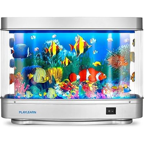 Playlearn Fake Fish Tank Mini Aquarium - Artificial Fish Tank with Moving Fish - Fake Aquarium Lamp - Perfect Sensory Lamp