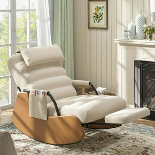 Heywoo Nursery Rocking Chairs with Soft Seat and Headrest,Corduroy Fabric Accent Chair with Side Pocket,Glider Rocking Chair for Bedroom/Living Room/Nursery Beige/Brown
