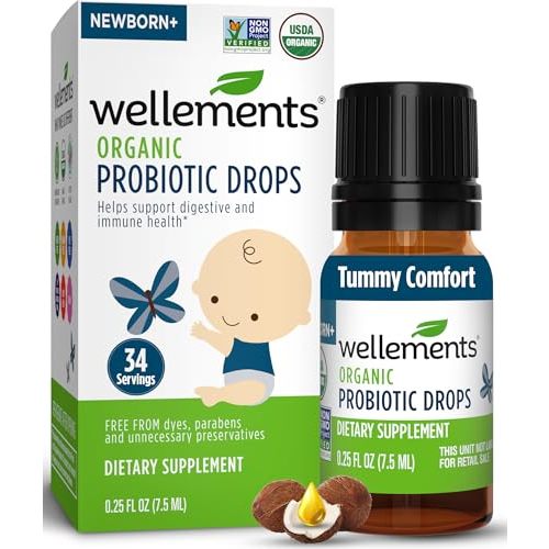 Wellements Organic Baby Probiotic Drops (0.25 Fl Oz) - Digestive & Immune Support for Infants - Toddler Probiotic Helps with Newborn+ Gut Health, Gas, Constipation & Colic Support - Preservative Free