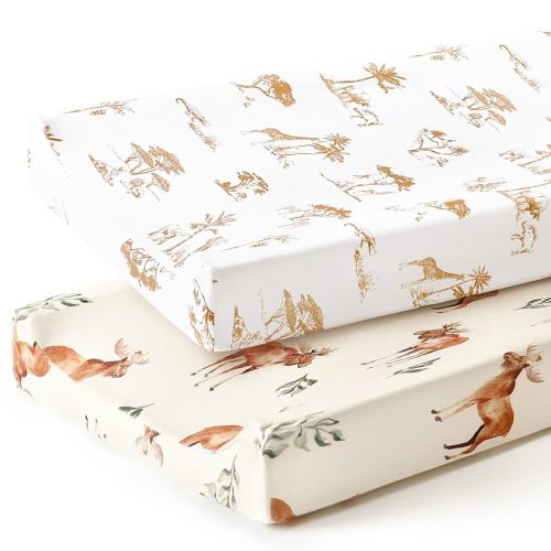 GRSSDER Stretch Ultra Soft Jersey Knit Changing Pad Cover Set 2 Pack, Change Table Pad Covers Fit 32"/34" x 16" Pads Safe and Snug, Stylish Elk Animals Pattern