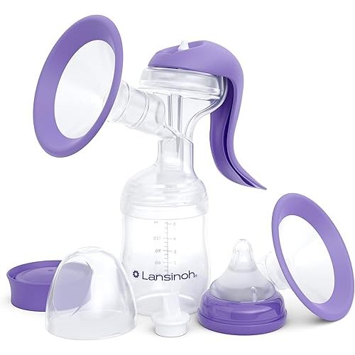 Lansinoh Manual Breast Pump, Hand Pump with Comfortable Flange for Breastfeeding Essentials, Includes Baby Bottle for Feeding, 5oz