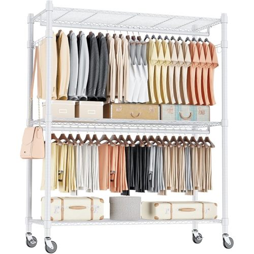 Homdox 3 Tier Garment Rack with Wheels, Portable Closets for Hanging Clothes Heavy Duty, Closet Racks and Shelving with Double Hanger Rods & Side Hooks, White