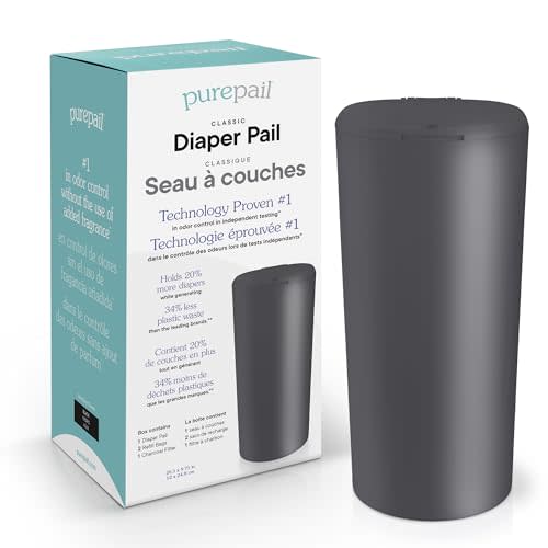 Classic Diaper Pail – Black, Blocks Odors with No Added Fragrance, Holds 20% More Diapers & Generates Less Waste, No Cutting, No Canisters, Includes 1 Pail + 2 Refill Bags + 1 Charcoal Filter