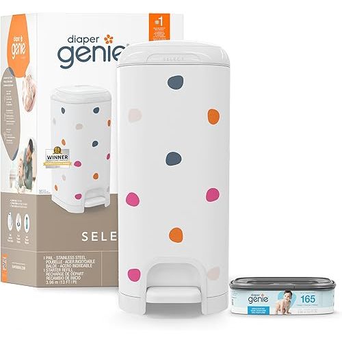 Diaper Genie Select Pail (Multi-Color Polka Dot) is Made of Durable Stainless Steel and Includes 1 Starter Square Refill That can Hold up to 165 Newborn-Sized Diapers.