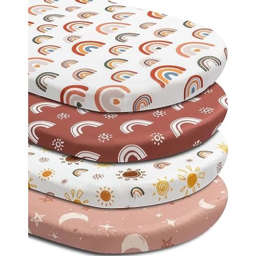 4 Pack Bassinet Sheets Boho Nursery Sheets Sunshine and Rainbow Desdign Neutral Unisex Fitted Baby Bassinet Sheets for Baby Boys or Girls (Bassinet Sheets)