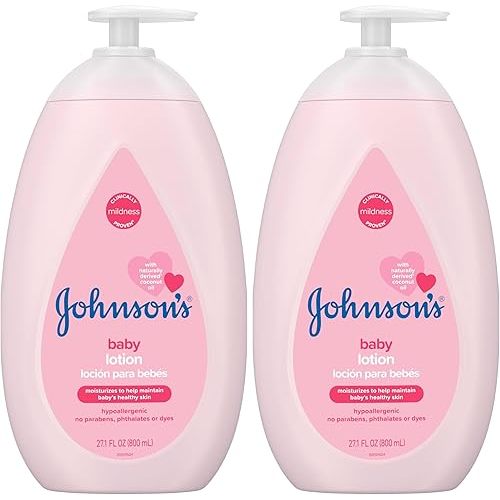 Johnson's Moisturizing Mild Pink Baby Lotion with Coconut Oil for Delicate Baby Skin, Paraben-, Phthalate- & Dye-Free, Hypoallergenic & Dermatologist-Tested, Baby Skin Care, 27.1 Fl. Oz (Pack of 2)