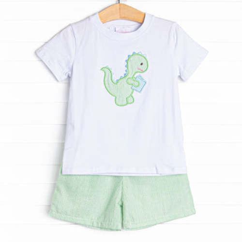 Study Time Saurus Applique Short Set, Green – Stitchy Fish