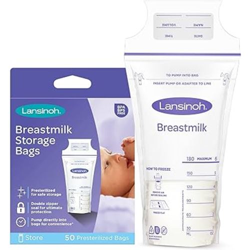 Lansinoh Breastmilk Storage Bags, 50 Count, 6 Ounce, Easy to Use Milk Storage Bags for Breastfeeding, Presterilized, Hygienically Doubled-Sealed, for Refrigeration and Freezing
