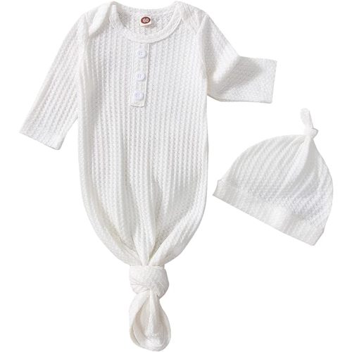 Twopumpkin Baby Girl Boy Coming Home Knotted Gown Unisex Newborn Infant Sleep Onesie Outfit Cute Baby Winter Pajamas - A Waffle Knit White - 0-3 Months