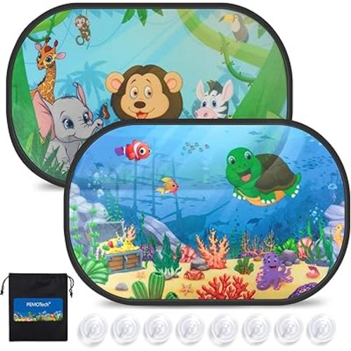 PEMOTech Car Window Shade for Baby,2 Pack UV-Protection Car Side Window Sun Shades Cartoon Animal Design (20"x 12")