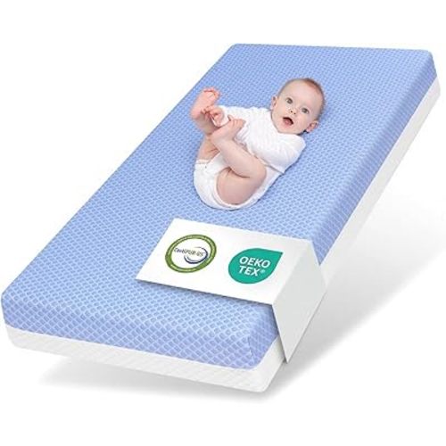 Crib Mattress Dual Sided Memory Foam Baby Toddler Bed Mattress, 52" x 27.6" x 5.5" Soft Breathable Mattresses with Removable Machine Washable Cover, Fits Standard Cribs&Toddler Beds, White&Blue