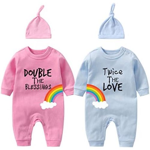 YSCULBUTOL Baby Twins Bodysuit Double Rainbow All The Way Baby Birthday Clothing Infant Romper Hat Set