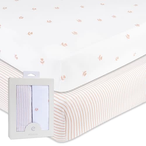 Ely’s & Co. Crib Sheets Baby Girl Fitted Crib Mattress Sheet Set, 2 Pack, 100% Jersey Knit Cotton, Infant and Toddler Nursery Bedding, Pink Tulip Collection, 28” x 52”