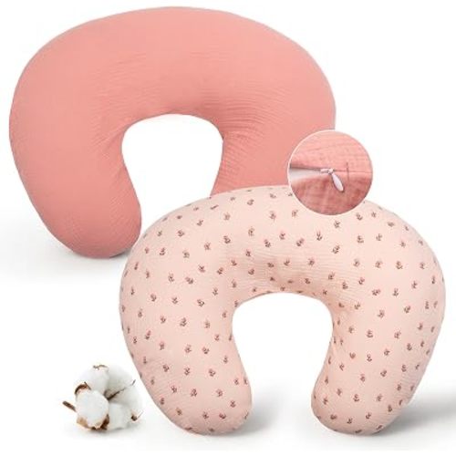 FUNUPUP Muslin Nursing Pillow Cover Replacement, Pink&Flowers
