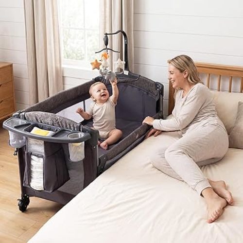 INFANS 4 in 1 Baby Bassinet, Converts Pack and Play to Portable Bedside Crib Sleeper with Diaper Changer, Mattress, Carry Bag, Music Box, Hanging Toys for Infants Toddlers(Grey)