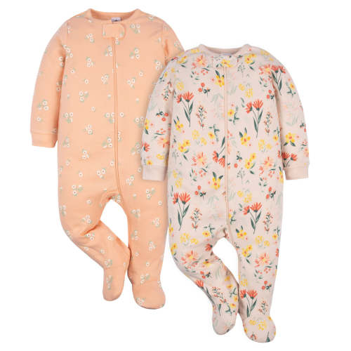 Gerber 2 Pack Baby Girl Wildflowers Sleep 'N Play Footies 3 Months in Peach