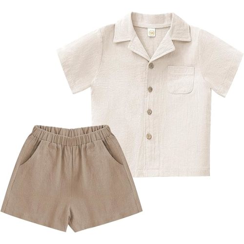 6-12 Months XMWEALTHY Toddler Baby Boy Summer Clothes Color Block Short Sleeve Button-down Shirt Tops + Cotton Pants Outfit Set - 6-12M - Beige Khaki