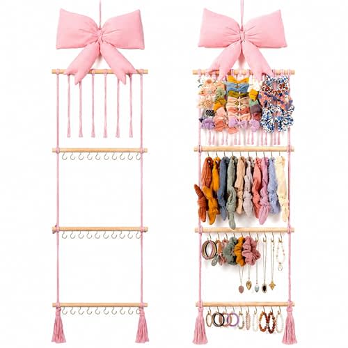 Sliner Pink Bow Headband and Bow Clip Holder Organizer for Girls Soft and Fluffy Wall Mounted Hair Accessories Holder with Decorative for Bedroom Bathroom, Ideal for Hair Clips Storage (Trendy)