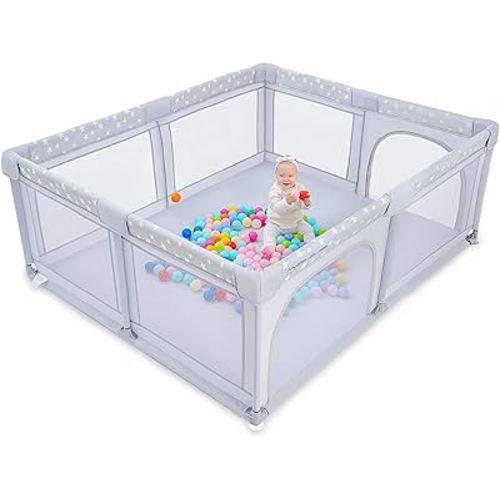 Baby Playpen, ANGELBLISS Playpen for Babies and Toddlers, Extra Large Play Yard with Gate, Indoor & Outdoor Kids Safety Play Pen Area with Star Print (Grey, 71"×59")