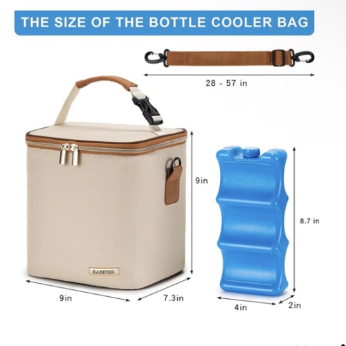 BABEYER Breastmilk Cooler Bag with Ice Pack Fits 6 Baby Bottles Up to 9 Ounce, Baby Bottle Bag with Shoulder Strap for Nursing Mom Daycare, Cream