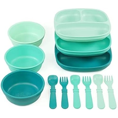 Re-play 3 Divided Toddler Plates, 3 Utensils Set and 3 Wide Base Bowls - Dishwasher and Microwave Safe - Sea Glass