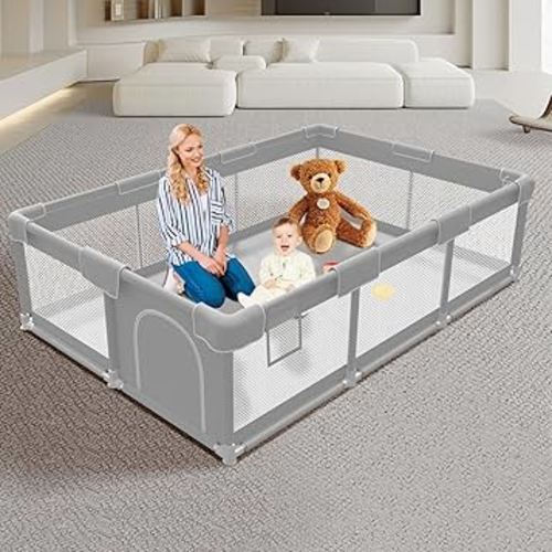 Baby Playpen 74x50 inch, Playpen for Babies and Toddlers, Baby Play Pen Design with External Zipper Gate, Baby Play Yard with Non-Slip Suction Cups on The Bottom, Baby Fence