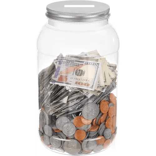Large Clear Coin Bank Jar with Slotted Lid, One Gallon Plastic Money Tip Change Savings Coin Jar for Coin or Raffle Ticket, Big Money Coin Tip Piggy Change Bank Box for Adults Teens, Silver