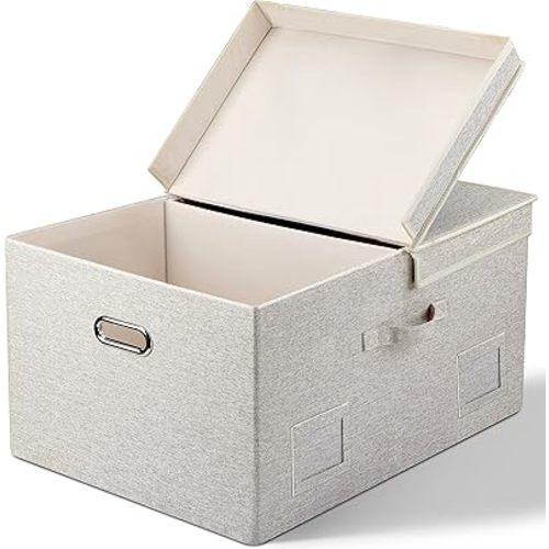 75 Quarts Extra Large Decorative Storage Bins with Lids, 1 Pack Beige Collapsible Storage Bins with Lids, Stackable Storage Bins Decorative Box Storage With Lid Extra Large