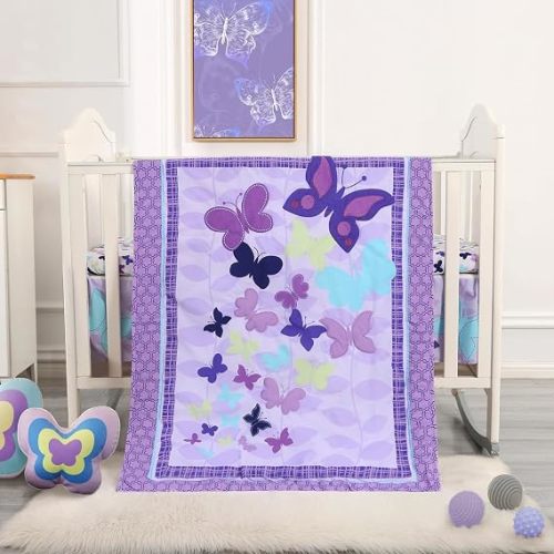 Butterfly Mini Crib Bedding Set, 3 Piece Baby Bedding Set Butterfly, Mini Crib Nursery Bed Set, Breathable and Soft with Sheet Sets for Baby Girl, Purple