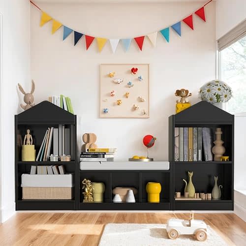 MHOM 68.9“ Kids Bookshelf with Reading Nook, Toy Storage Organizer with Seat Cushion and 7 Storage Cubbies, Wooden Kids Bookcase, Toy Organizers for Nursery, Playroom, Black