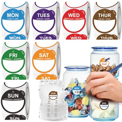 Food Labels Stickers 7 Day of The Week, Removable Day Label Peel Tab for Food Container Kitchen Freezer Breastmilk Restaurant Supplies Dot Monthly Planner Inventory Management Meal Prep Accessory