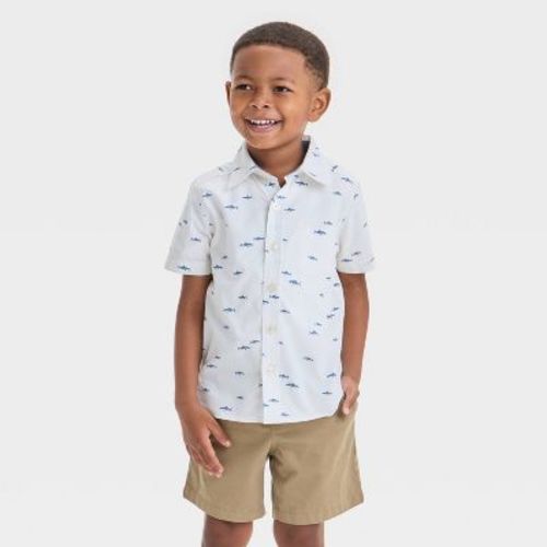 OshKosh B'gosh Toddler Boys' Shark Printed Woven Shirt - White/Blue 3T: Cotton Poplin, Slim Fit, Collared, Short Sleeve