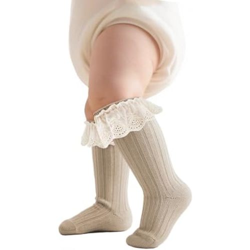Zando Baby Girls Knee High Socks with Ruffles, Soft Cotton Long Tube Ruffle Socks for Preemie Infant Newborn Toddler 0-4T