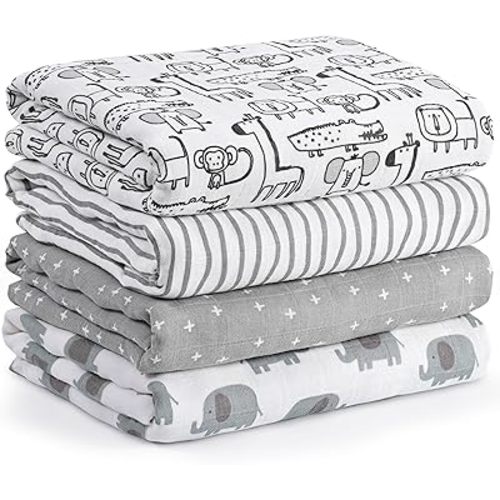 Muslin Swaddle Blankets for Newborn, 4 Pack Cotton Baby Blankets, Large 31.5 x 43.3 inch Breathable Soft Receiving Blanket, Essentials Swaddle Wrap Burping Clothes, Grey Animals