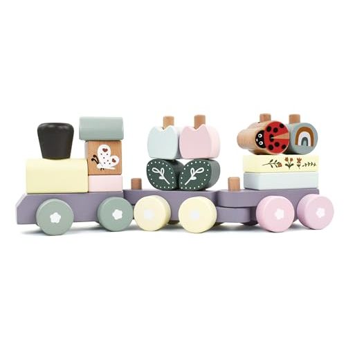 Pillowhale Wooden Stacking Train Toy Set,Wooden Building Blocks Train with Shape Sorter Early Learning Gift for Toddlers Boys Girls 12 Months and up
