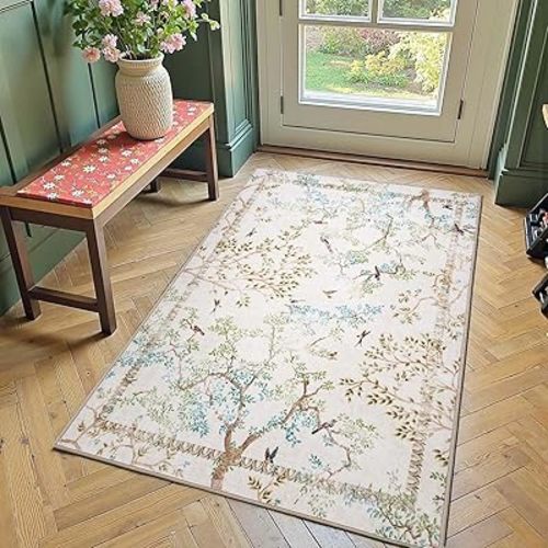 jinchan Botanical Birds 3x5 Ivory Area Rugs for Entryway Washable Non-Slip Soft Nature Plants Modern Carpet Vintage Ultra-Thin Low Pile Rug for Living Room Kitchen Bathroom Front Door