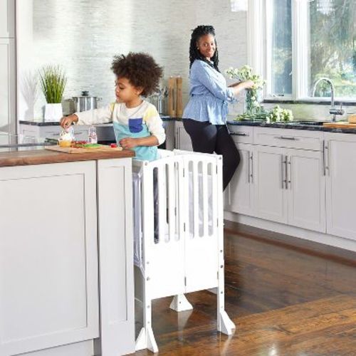 Guidecraft Contemporary Kitchen Helper Step Stool - White: Adjustable, Folding Montessori Toddler Tower - Safety Learning Furniture