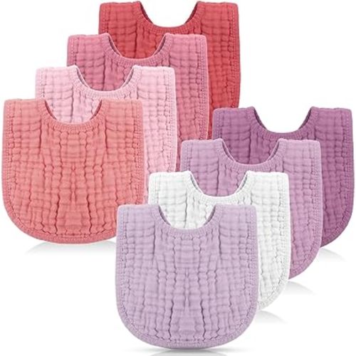 Frienda 8 Pcs Muslin Bibs Baby Cotton Bandana Drool Bibs Bulk for Boys Girls Newborn Infant 6 Absorbent Layers Bibs Feeding Accessory(Pink Purple Colors)