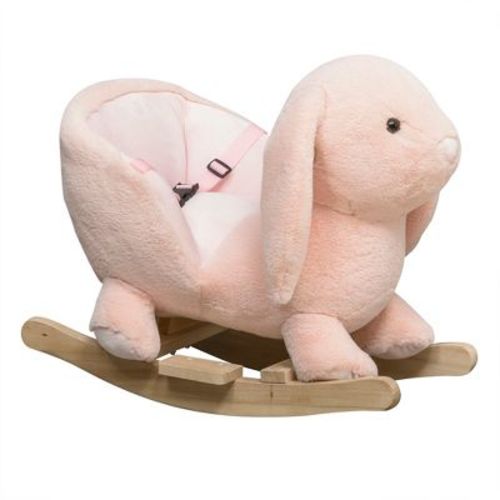 Qaba Rabbit Wooden Rocking Horse With Simulated Sound, Wooden Base, Seat Belt, Plush Stuffed Rocking Chair For Baby, Toddler, 18-36 Months, Pink