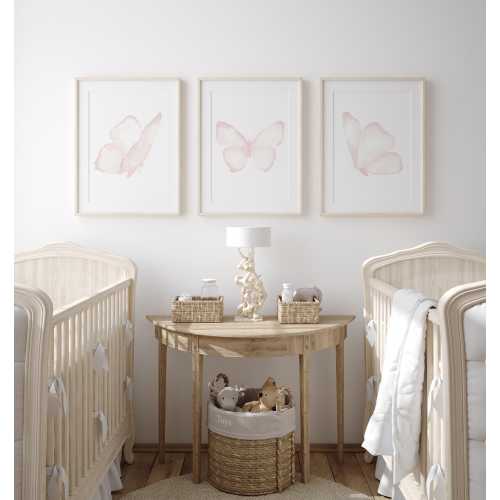 Light Pink Butterflies Wall Art – Set of 3 Watercolor Prints, Blush Nursery Decor for Baby Girl, Minimalist Art Above Crib or Sofa