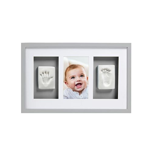 Pearhead Babyprints Newborn Baby Handprint and Footprint Deluxe Wall Photo Frame & No Bake Impression Kit, Gray - Handprint and Footprint Wall Frame, Gray with Gray Mat