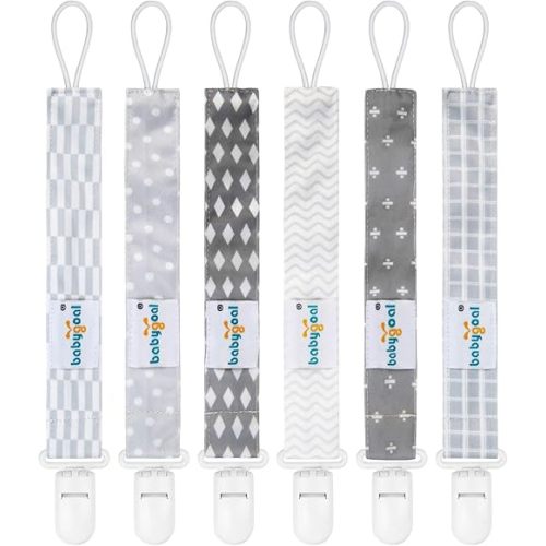 Babygoal Neutral Pacifier Clips, 6 Pack Binky Paci Holder and Leash for Boys and Girls Fits for Most Pacifier, Binkie Styles & Baby Teethers & Toys and Gift 6PS09
