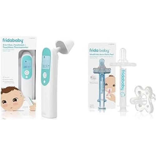 Frida Baby Thermometer, 3-in-1 Infrared Thermometer for Ear, Forehead & Touchless + Frida Baby Medicine Pacifier, Medicine Syringe & Accu-Dose Pacifier