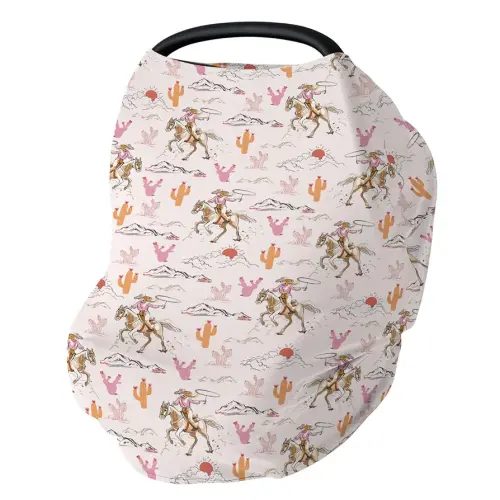 Cute Pink Cowgirl Car Seat Cover for Baby Western Cowgirls Horse Cactus Mountain Sunset Stretchy 5-in-1 Covers Adjustable Infant Carseat Canopy Cover Wild West Desert Breathable Nursing Cover-Up