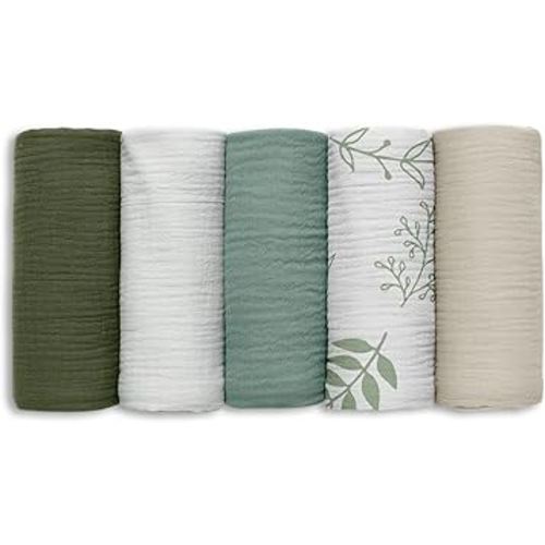 Muslin Receiving Blankets, Neutral Blanket Swaddling for Newborn Boys and Girls, 5 Pack Breathable and Skin-Friendly Swaddle Wrap for Infant Baby (Bright Leaves)